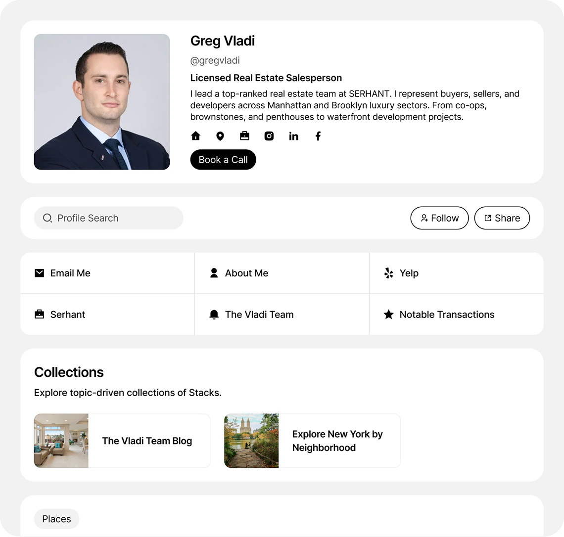 Greg Vladi Stacklist hub showcasing neighborhood collections and client resources